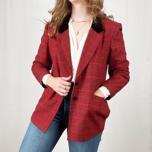 Vintage Houndstooth Wool Oversized Plaid Knit Velvet Blazer Preppy Jacket Coat